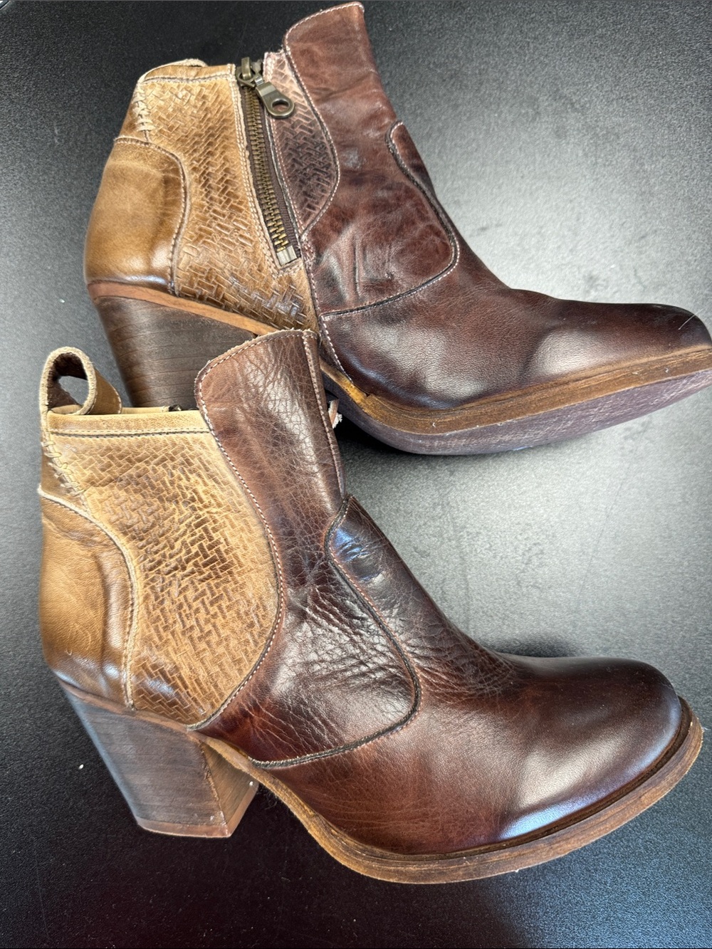 Two-Tone Brown Leather Ankle Booties with Side Zip